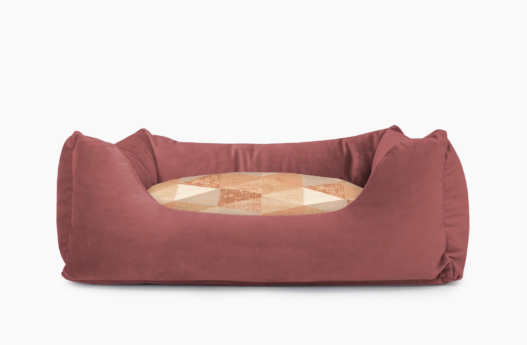 Cama para mascotas en color Vino con cojín Triángulos Teja sin bordado
