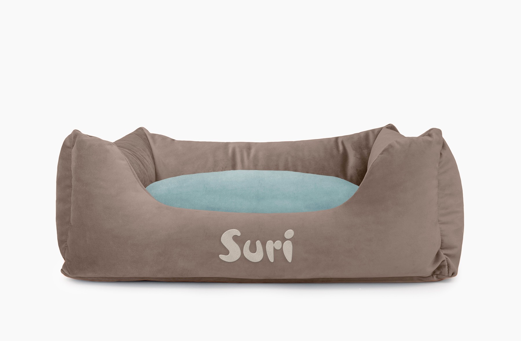 Cama para mascotas en color Visón con cojín Agua con bordado