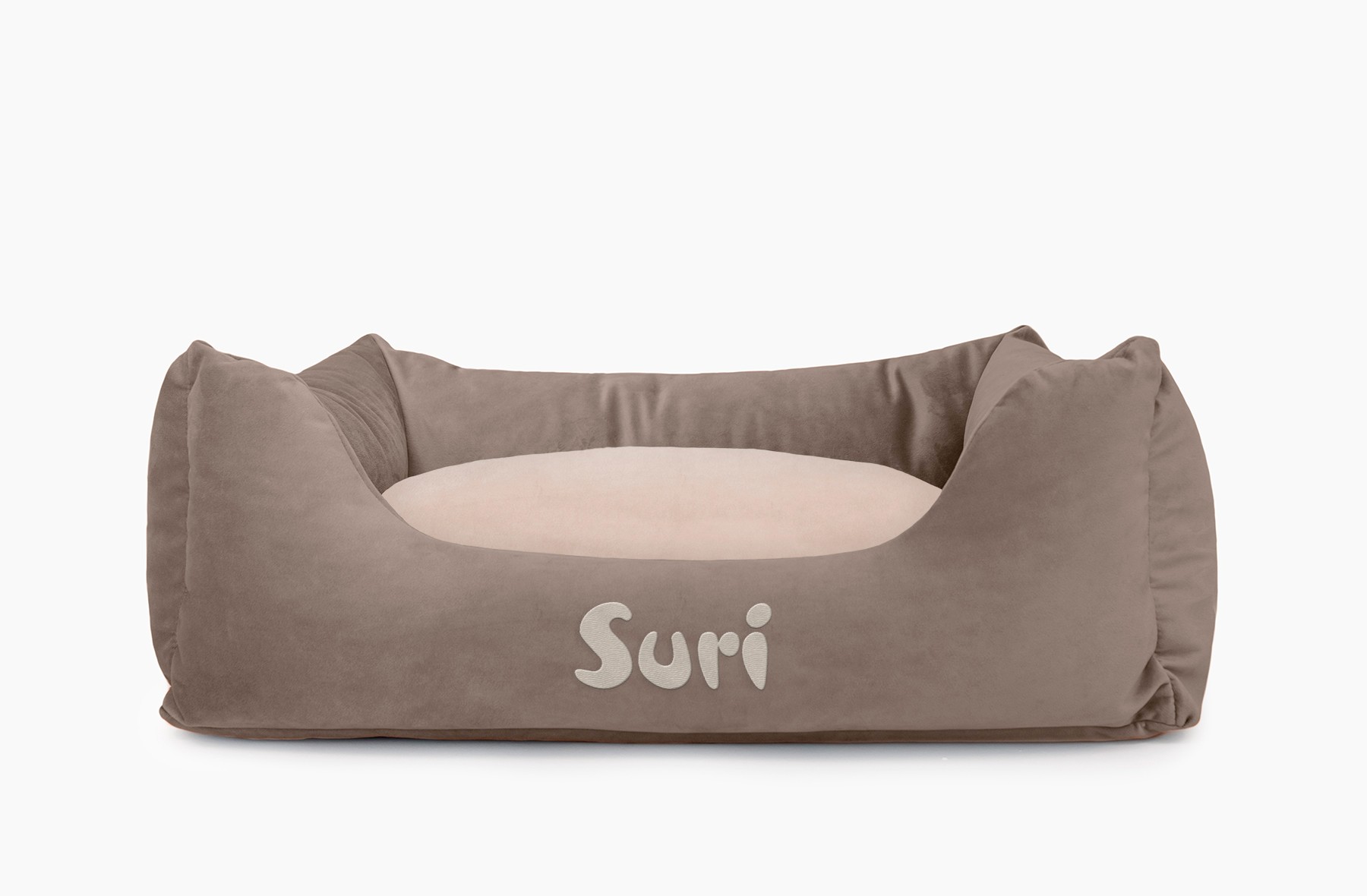 Cama para mascotas en color Visón con cojín Beige con bordado