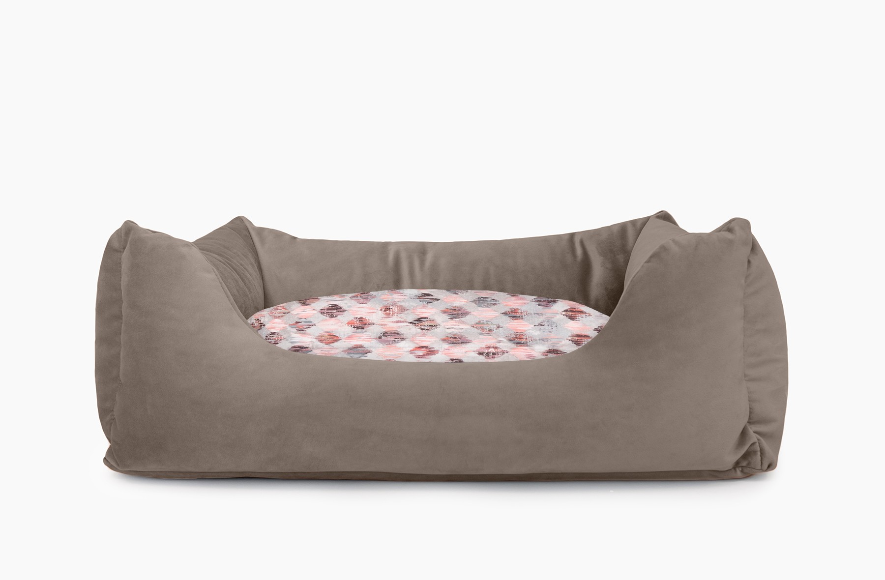 Cama para mascotas en color Visón con cojín Rombos Rosa sin bordado