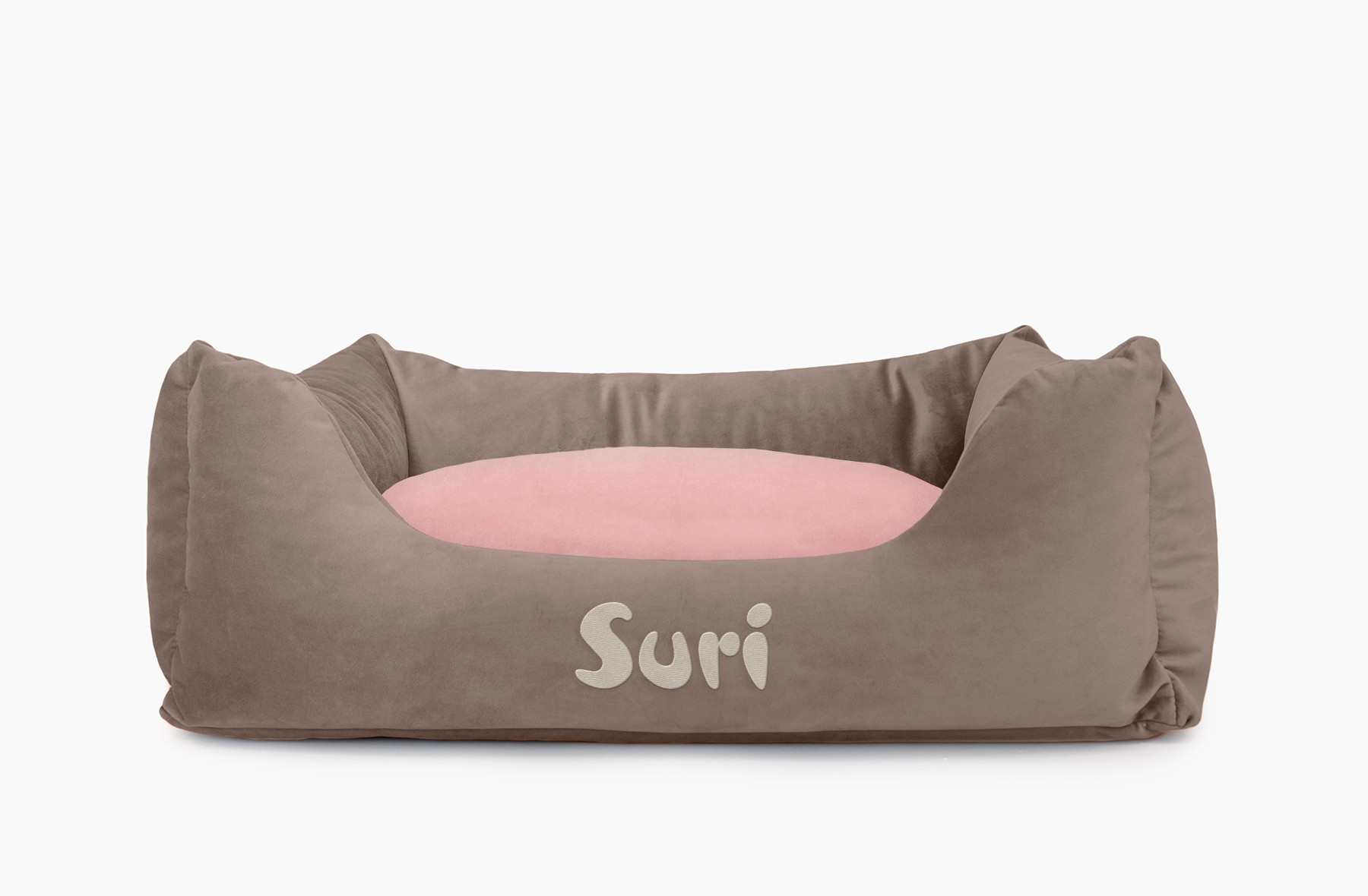 Cama para mascotas en color Visón con cojín Rosa Palo con bordado
