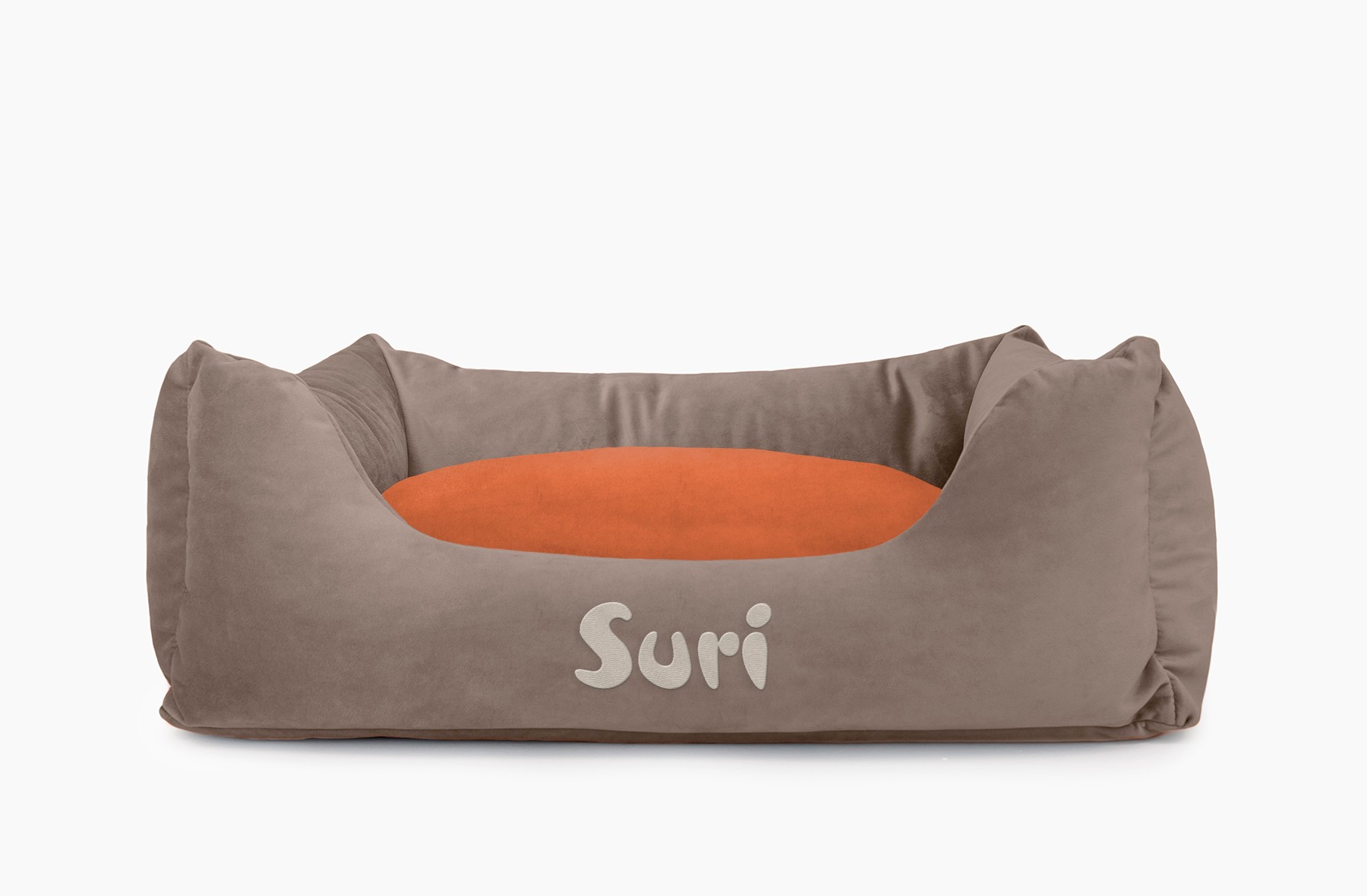 Cama para mascotas en color Visón con cojín Teja con bordado