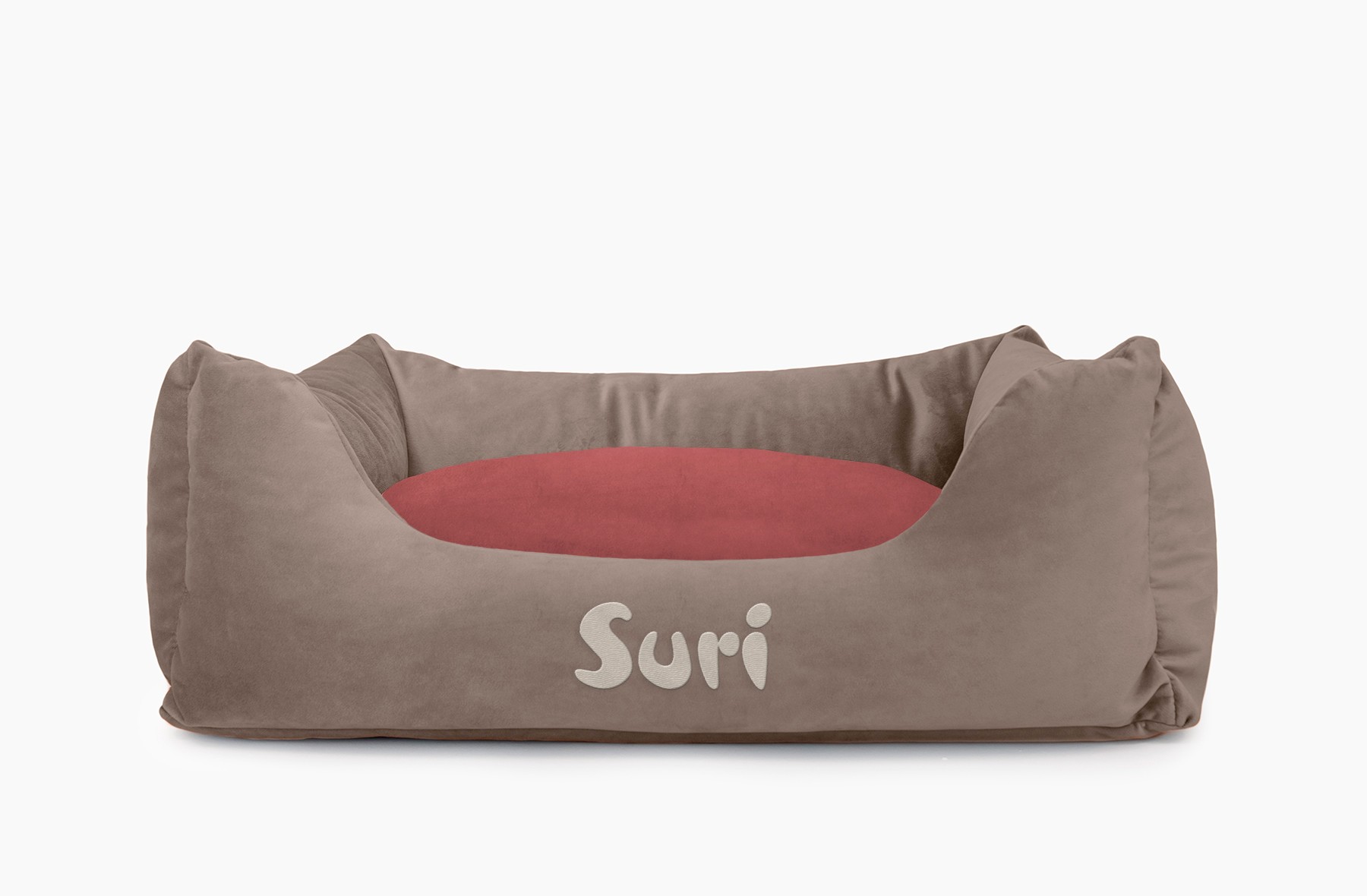 Cama para mascotas en color Visón con cojín Vino con bordado