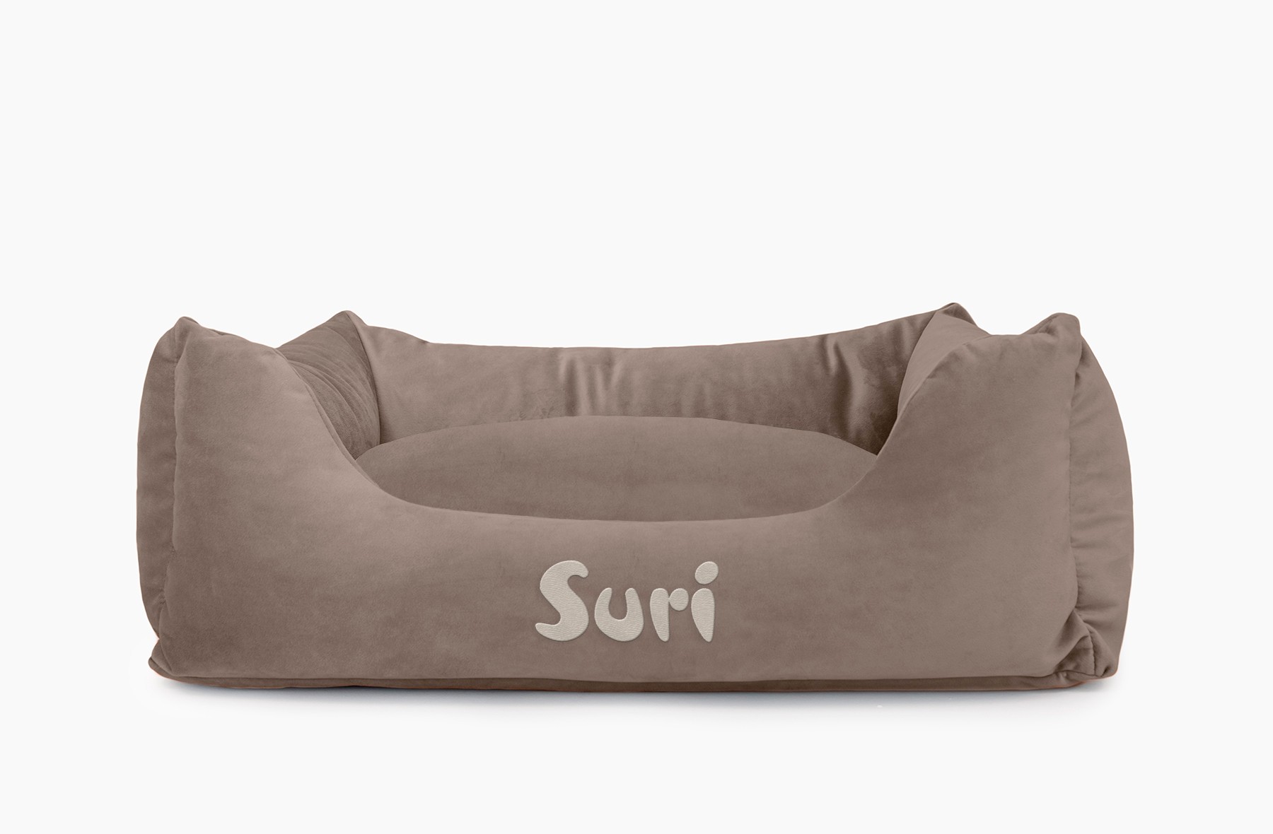 Cama para mascotas en color Visón con cojín Visón con bordado